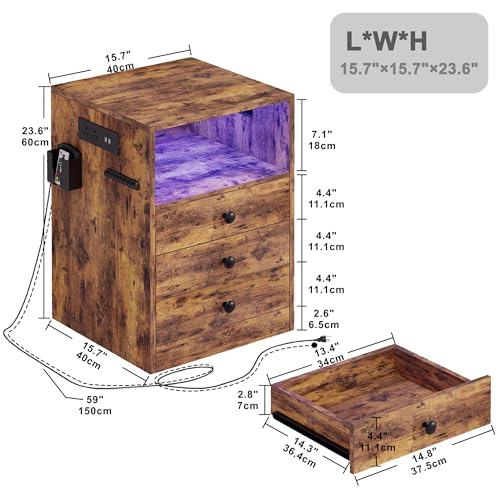 LIKIMIO Nightstand with Charging Station and 3 Drawers, LED Lights End Side Table with Interchangeable sockets and Hooks, Vintage Brown LIKIMIO