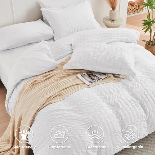 HYMOKEGE White Full Size Comforter Sets Seersucker 7 Pieces, All Season Luxury Bed in a Bag for Bedroom, Bedding Set with Comforters, Sheets, Pillowcases & Shams HYMOKEGE