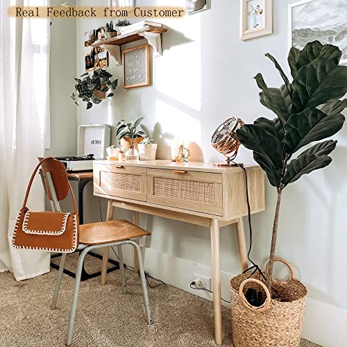 HOPUBUY Console Table Rattan Desk with Drawers, Oak Narrow Sofa Table with Pine Leg, Modern Small Entryway Table for Hallway and Living Room, 39" Rustic Natural HOPUBUY