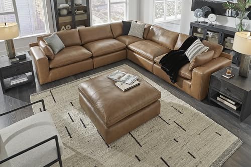 Signature Design by Ashley Emilia Modern Modular Leather Match 5-Piece Sectional with Loose Back Cushions and 2 Bolster Pillows, Light Brown Signature Design by Ashley