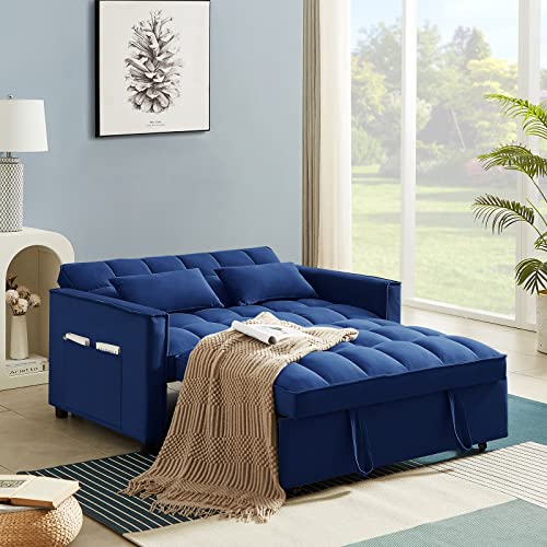 Antetek 3 in 1 Convertible Sleeper Sofa Bed, Modern Velvet Loveseat Futon Couch w/Pullout Bed, Small Love Seat Lounge Sofa w/Reclining Backrest, Toss Pillows, Pockets, Furniture for Living Room, Blue Antetek