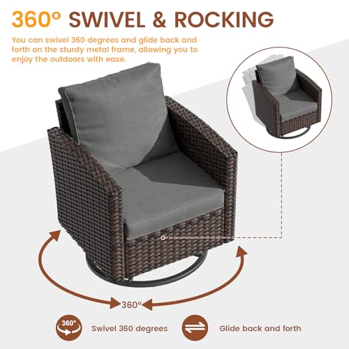 UDPATIO Patio Furniture Set, 6 Pieces Outdoor Sectional Couch with Swivel Rocking Chair, Brown Wicker Rattan Conversation Sofa, 4" Thick Cushion for Garden Backyard Deck, Dark Grey UDPATIO