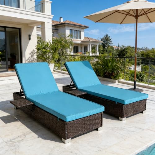 Outdoor Chaise Lounge Chairs Set of 2 with Fixed Side Shelf, All-Weather Wicker Pool Lounge Chair, 5-Position Adjustable Backrest, Removable Washable Light Blue Cushion for Patio, Poolside, Backyard