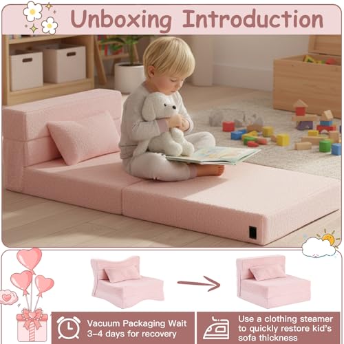 Tiita Folding Sofa Bed Floor Mattress for Kids, Toddler Washable Foldable Floor Nap Mat, Child Fold Up Sofa Futon Folding Chair Bed with Storage Bag for Girls Boys, Ball, Plush Pink Tiita
