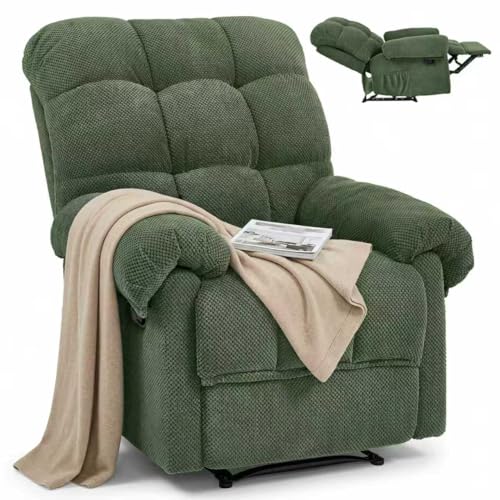 Small Recliner Chair with Side Pockets, Green Fabric RV Recliner for Adults, Traditional Manual Recliners Chair for Small Spaces, Reclining Chairs for Living Room Bedroom, Overstuffed (Green)