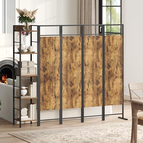 YATINEY Room Divider, 4 Panel Folding Privacy Screen with Storage, Portable Room Partition for Room Separator, Wall Divider Screen for Bedroom, Office, Rustic Brown and Black YATINEY