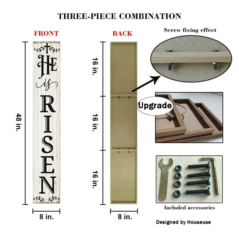 Houseuse He Is Risen Porch Sign 8x48" Easter Decorations Religious Easter Cross Decor Hanging Farmhouse Wooden Jesus Spring Vertical Wooden Sign Home Front Door Wall Spring Decor, CTXS2312230X06Q Houseuse