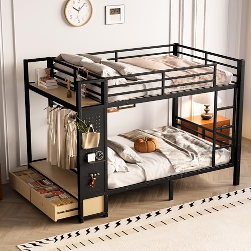 ICIUIOIR Full Over Full Bunk Bed with Stairs and Storage Drawers, Heavy Duty Metal Bunk Bed Frame with Shelves & Pegboard for Teens and Adults, Full Size Space-Saving Loft Design, Bunk+Full ICIUIOIR
