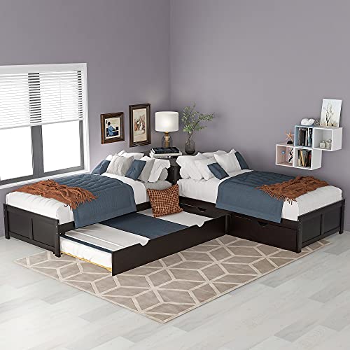 Harper & Bright Designs L-Shaped Platform Bed Frame with Trundle and Drawers Linked with Built-in Desk for Kids Boys Girls, Twin, Espresso Harper & Bright Designs