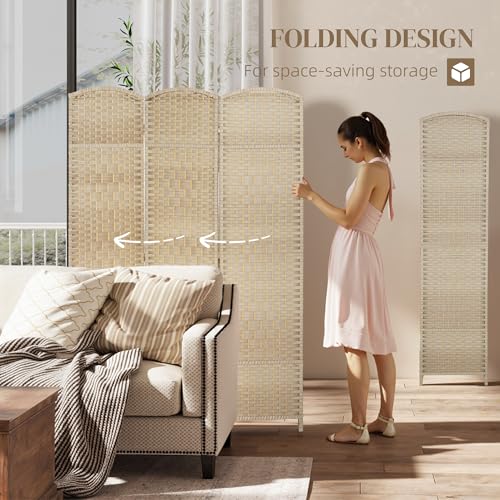 HOMCOM 3 Panel Room Divider, 6' Tall Folding Privacy Screen, Woven Freestanding Wall Partition for Home Office, Bedroom, Washed Oak HOMCOM