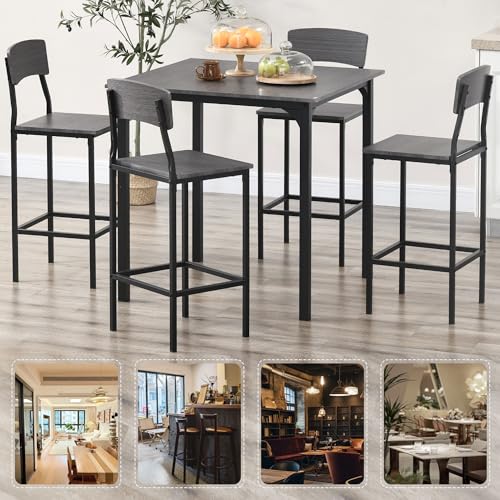 HOMCOM 5-Piece Counter Height Bar Table with Space-Saving Design, Square Kitchen Table and Chairs Set with Footrest, Metal Legs, Industrial Dining Table Set for 4, Gray HOMCOM