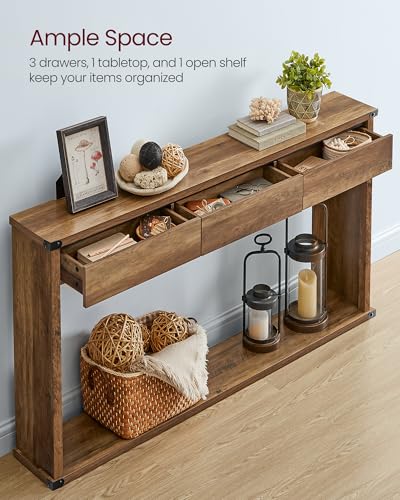 VASAGLE Sofa Console Table, 47.2 Inches Narrow Entryway Table with 3 Drawers, Bottom Shelf, Metal Corners, for Living Room, Bedroom, Farmhouse Style, Honey Brown ULNT143KB01S VASAGLE