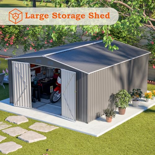 YOPTO 12x14FT Outdoor Storage Shed Metal Shed W/Floor Frame,Garden Tool House W/ 4 Air Vents,Lockable Double Doors & Sloped Roof,for Patio,Lawn,Backyard,Light Gray YOPTO