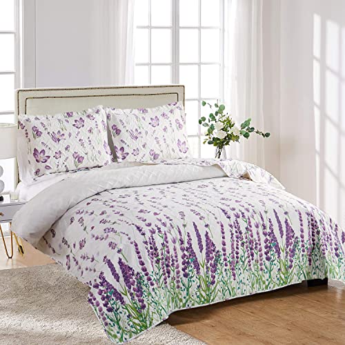 Ycosy Quilt Set King Size Floral Bedspread Coverlet King Quilts Set Bedding Summer Lightweight Floral Quilt Bedding Reversible Quilt Bedspread Plant Green Leaves Purple Flower Home Quilts Collections Ycosy