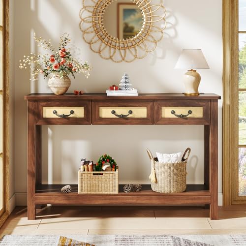 HUAHUU 47.2" Console Table with 3 Rattan Drawers, Long Sofa Table with Storage Behind Couch, Farmhouse Entryway Table with Power Outlet & Open Storage for Entrance/Hallway/Foyer/Living Room, Walnut HUAHUU