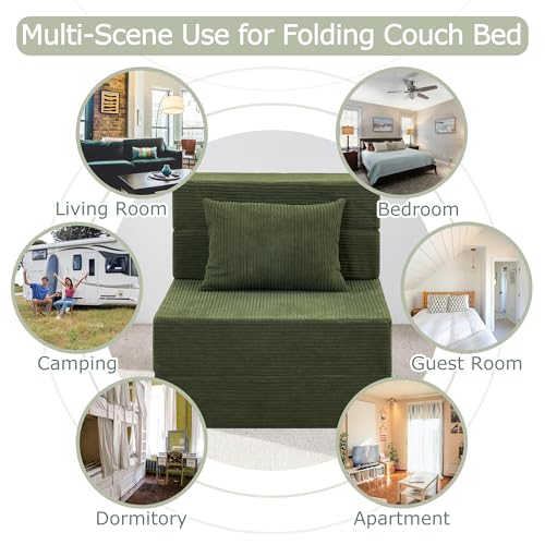 HILERO Folding Sofa Bed, 4 in 1 Convertible Sleeper Chair with Pillow, Single Memory Foam Fold Out Chair Bed, Modern Floor Futon Sofa Couch Mattress for Living Room/Guest/Apartment, Green HILERO