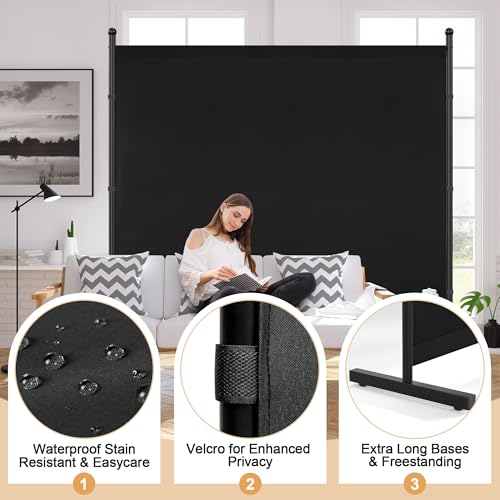 Yettsoy Single Panel Room Divider 6FT Large Privacy Partition Screen, 71" W Freestanding Wall Divider for Room Separation, Portable Room Divider Panel Privacy Screen for Dorm Studio Office, Black Yettsoy