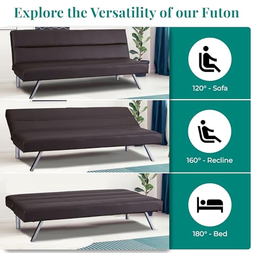 Naomi Home Futon Sofa Bed Faux Leather Futon Couch Modern Convertible Folding Sofa Bed Couch with Chrome Legs Reclining Mini Leather Small for Bedroom Living Room Espresso Naomi Home