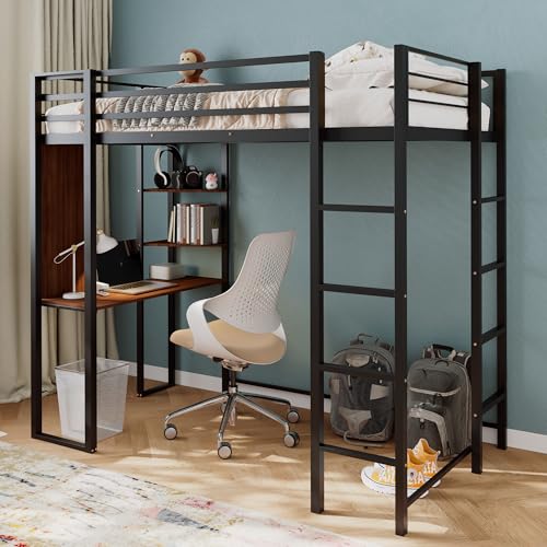 Merax Twin Metal Loft Bed with 2 Shelves and one Desk,Loft Bed Frame with 2 Built-in Laddersl,Noise Free,No Box Spring Neede,Black Merax