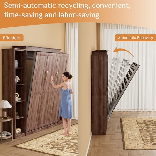 BEQAI Queen Murphy Bed with Storage Bookcase & 4 Adjustable Shelves,Foldable Space-Saving Queen Wood Wall Bedframe with Metal Legs,Hidden Bedframe for Guest Room,Study,Home,Office,Bedroom,Walnut Color BEQAI