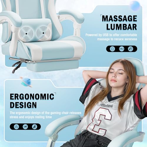 Homall Gaming Chair, Video Game Chair with Footrest and Massage Lumbar Support, Ergonomic Computer Chair Height Adjustable with Swivel Seat and Headrest (Light Blue) Homall