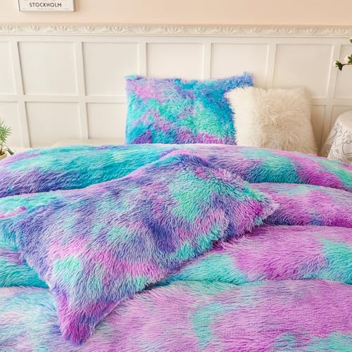 PERFEMET Fuzzy Girls Bedding Set Full Size 3 Pieces Luxury Purple and Teal Faux Fur Fluffy Comforter for Kids Teens Ultra Soft Warm Tie Dye Velvet Plush Shaggy Bed Comforter Sets(Purple Teal, Full) PERFEMET