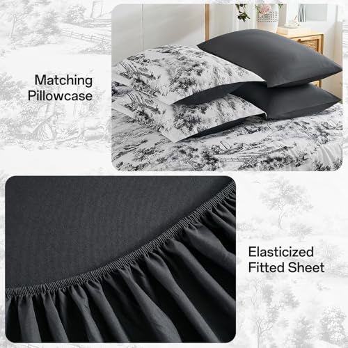 WONGS BEDDING Queen Comforter Set 7 Pieces, Black and White Botanical Bed in a Bag, Farmhouse French Toile Floral Bed Set WONGS BEDDING