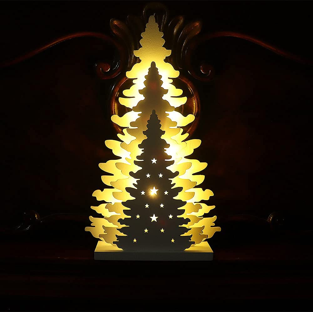 Wooden Christmas Tree Tabletop Decor, Supergorea,LED Wood Craft Christmas Trees Light 2AA Battery Powered 10 inch for Xmas Home Decorations(Indoor) Supergorea