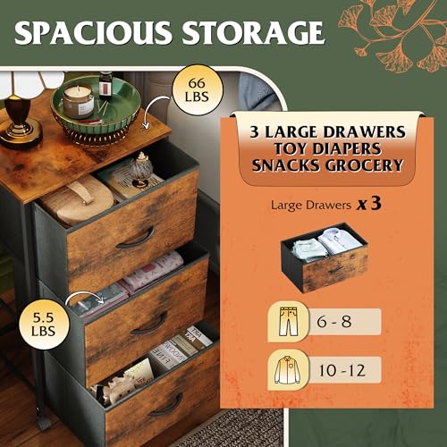 WLIVE Dresser with 3 Drawers, Fabric Nightstand, Cabinet with Wheels, Organizer Storage Dresser for Bedroom, Office, Closets, Sturdy Steel Frame, Easy Pull Handle, Rustic Brown Wood Grain Print WLIVE