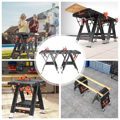 LARBANKE Combined Portable Folding Work Table,2-in-1 Sawhorse & Workbench,Waterproof Workbench with Extra Load Capacity with 8 Woodworking Clamps,8 Connecting Blocks,4 Limit Blocks LARBANKE