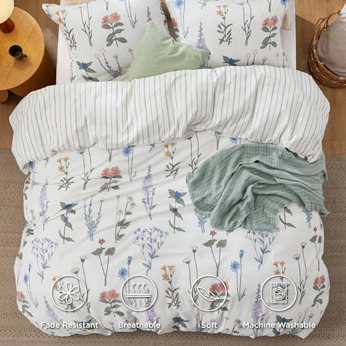Bedsure Duvet Cover Queen Size - Reversible Cute Floral Duvet Cover Set with Zipper Closure, 3 Pieces White Bedding Set with 8 Corner Ties and 2 Pillow Shams 20"x26" Bedsure