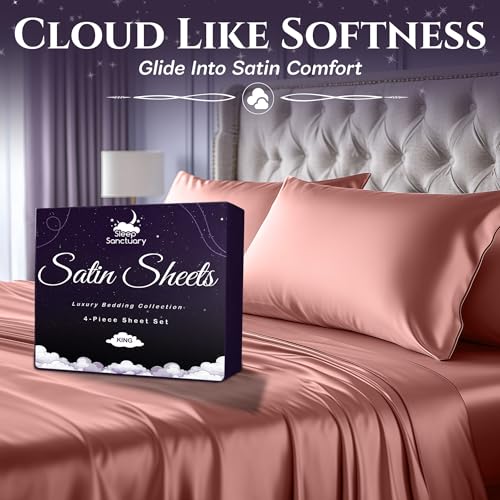 SLEEP SANCTUARY Satin Sheets Twin Size – 3 Piece Luxury Silky Bed Set, Softer Than Silk, 15" Deep Pocket, Cooling & Wrinkle-Free, Moisture-Wicking & Breathable for Hair & Skin (Blush Pink) SLEEP SANCTUARY