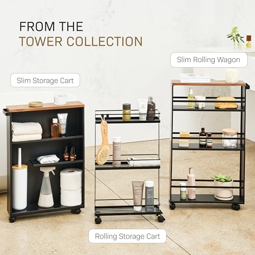 YAMAZAKI Home Slim Rolling Storage Cart – Narrow Bathroom Storage Cabinet with Handle, Slim Bathroom Storage Cart with Wheels, Easy Assembly, Steel + Wood, Black YAMAZAKI