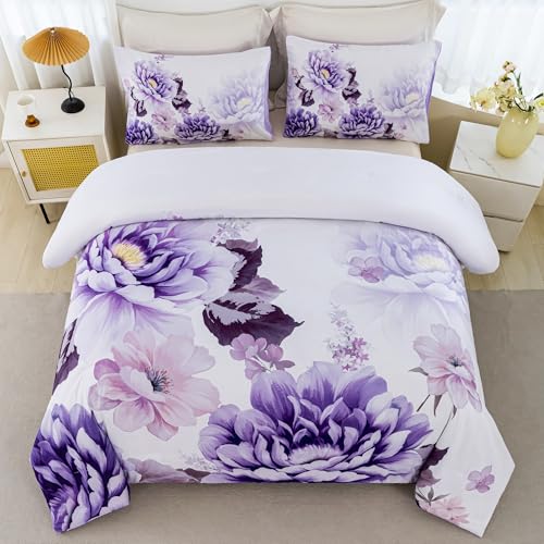 RYNGHIPY Purple Floral Comforter Set: Lightweight Soft Bedding Comforter Sets for All Season - Farmhouse Flower Bedding Set Full Size (Purple,Full Size) RYNGHIPY