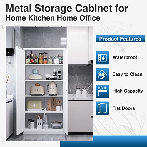 PEUKC Metal Garage Storage Cabinet, 71-inch Tall Storage Cabinet with Adjustable Shelves & Locking Doors, Tool Cabinets for Garage,Office,Home,School,Gym Storage (White) PEUKC