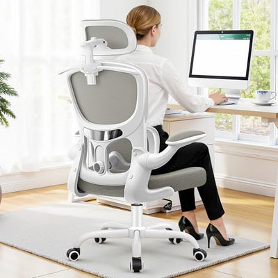 ALLGOD Ergonomic Office Chair, Mesh Desk Chair with Lumbar Support, High Back Home Office Chair with Adjustable Headrest and Flip-Up Arms, Comfortable Computer Chair, Thick Cushion, 300 LBS, LightGray