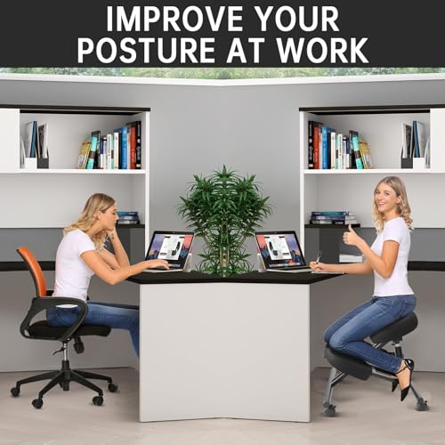 PU Leather Ergonomic Kneeling Chair, Adjustable Home and Office Stool with Thick Pads and Flexible Lockable Brake Wheels for Back Pain Relief(Black) DENGTELI