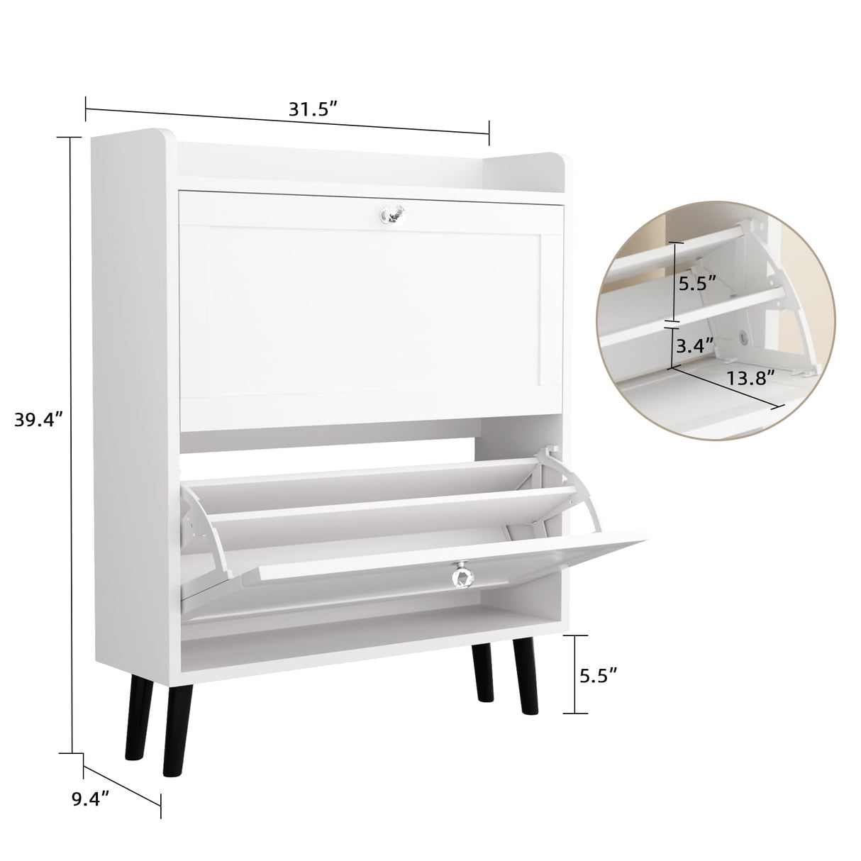VOWNER Shoe Storage Cabinet with 2 Flip Drawers, Shoe Cabinet with Open Storage & Crystal Handle, Narrow Shoe Rack Organizer for Entryway, Hallway, White VOWNER