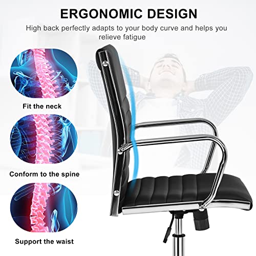 Giantex Ribbed Office Chair, Ergonomic Modern Leather Desk Chair with Adjustable Height & Arms, Swivel Mid Back Executive Conference Room Chairs for Meeting Room (4, Black) Giantex