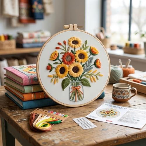 MIJIJHH Embroidery Kits, Embroidery Kits for Beginners, Cross Stitch Kit for Beginners, Sunflower Bouquet Vase Embroidery Kit with Complete Supplies, for Home Decor and Gift Giving