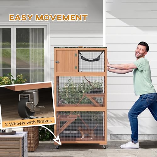 PawHut Catio, Outdoor Cat Enclosure House, Wooden Feral Cat Shelter on Wheels, Cat Cage with Hammock, Platforms Ramps, and Weather Protection Asphalt Roof, 34", Orange PawHut