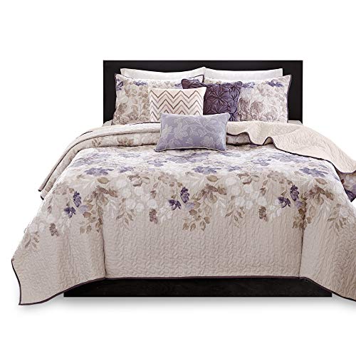 Madison Park Luna Quilt Modern Classic Design All Season, Breathable Coverlet Lightweight Bedding Set, Matching Shams, Decorative Pillow, Full/Queen(90"x90"), Floral Taupe 6 Piece Madison Park
