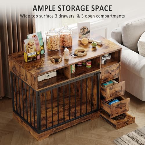48'' Dog Crate Furniture, Farmhouse Heavy Duty Dog Kennel with Bowl & Storage Drawers, Medium Dog Cage End Table for Small Medium Dogs, Retro Brown GarveeLife