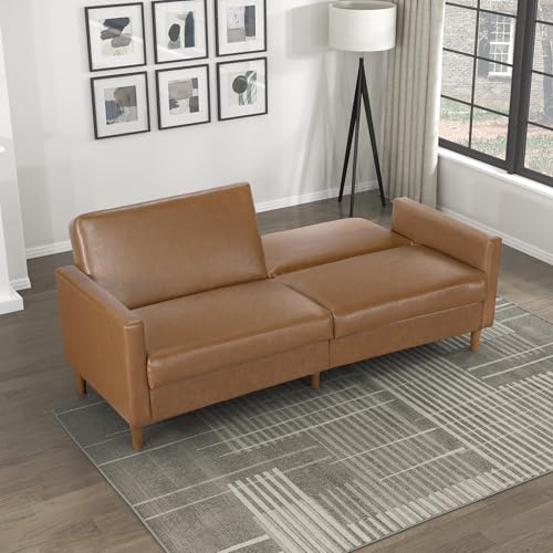 Lexicon 79"W Convertible Futon Sofa Bed, Loveseat, Faux Leather Upholstered Couch Sleeper, Adjustable Backrests, Padded Pocket Coil, Solid Wood Legs for Living Room, Bedroom, Apartment, Office, Camel Lexicon