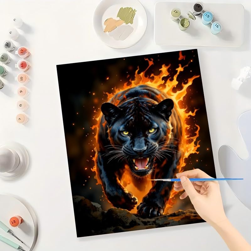 TAOPAOLAB Black Panther Paint by Numbers Kit for Adults - DIY Running Flaming Panther Painting on Canvas 16x20 Inches, Acrylic Paint Set, Suitable for Beginners, Fire Art for Home Decoration or Gifts TAOPAOLAB