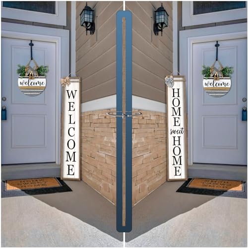 Outdoor Welcome Sign for Front Porch Standing Large 2 Sided 45"X9" Wooden Frame Tall Vertical Leaner Long Home Sweet Home Front Door Sign for Rustic Outside Farmhouse Modern Decor (Wood White) Surfapans
