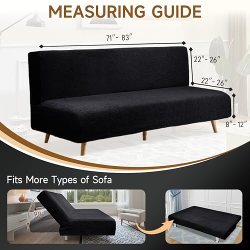 Armless Futon Cover Teddy Wool Futon Slipcover Soft Stretch Couch Covers with No Arm Sofa Bed Cover Thick Warm faux fur Sofa Covers for Winter Teddy Fleece Couch Slipcovers for Living Room (Black) XIAROGEE