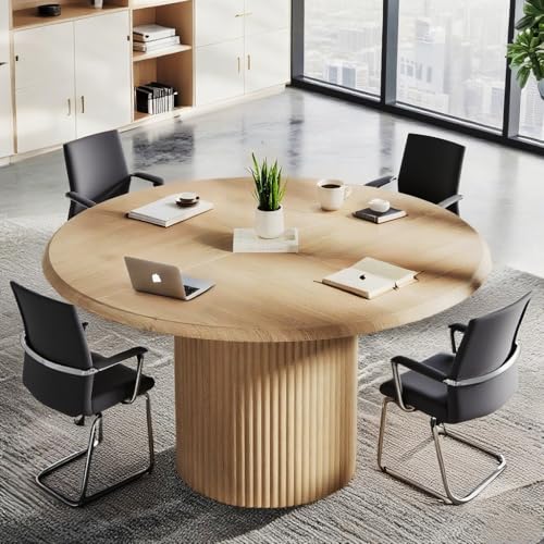 Tribesigns 47" Round Conference Table for 4-6 People, Farmhouse Wooden Meeting Room Table with Sturdy Fluted Metal Base, Modern Office Training Desk for Office, Conference Room Tribesigns
