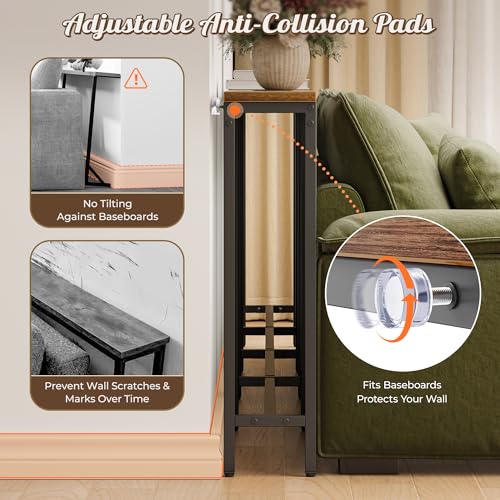 Huuger Narrow Sofa Table with 2 Power Outlets, 110.2-157.5 Inch Adjustable Length, Behind the Couch Table with USB-C Port, Long Entryway Console Table, Anti-tip Kit, for Living Room, Rustic Brown Huuger
