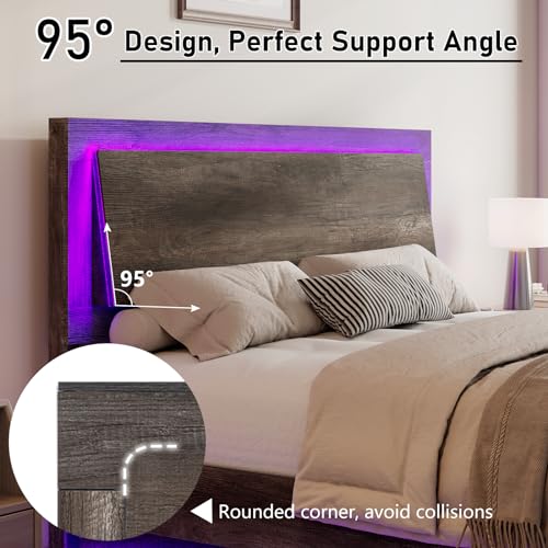 LUXOAK King Size Floating Platform Bed Frame with LED Light, Farmhouse Bed Frame with Headboard/No Box Spring Needed/Noise Free/Easy Assembly, Rustic Grey LUXOAK